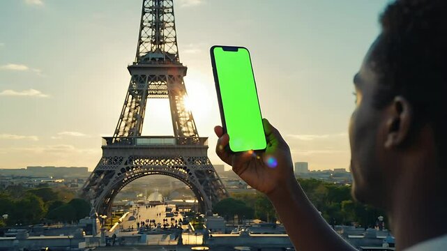 Man with Smartphone Taking Photo of Eiffel Tower at Sunrise