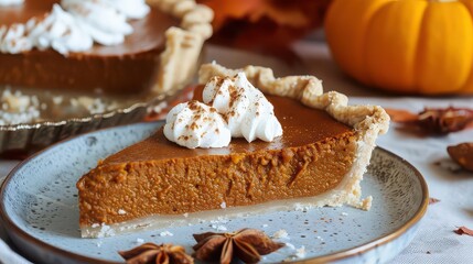 A slice of pumpkin pie with whipped cream on a plate and a whole pie and pumpkin in the background