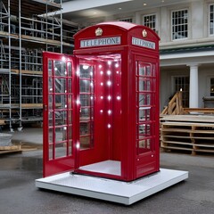 Obraz premium Red telephone booth, lit from within, open doors, on a platform, surrounded by construction materials