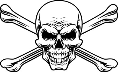 A skull and crossbones pirate crossed bones jolly roger design in a vintage retro woodcut style