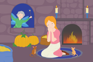 Fairy tale part 2 poor good girl is crying sadly and the fairy godmother is looking at her and wants to help her