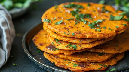 A stack of orange flatbreads topped with fresh parsley on a dark plate with greens in the background