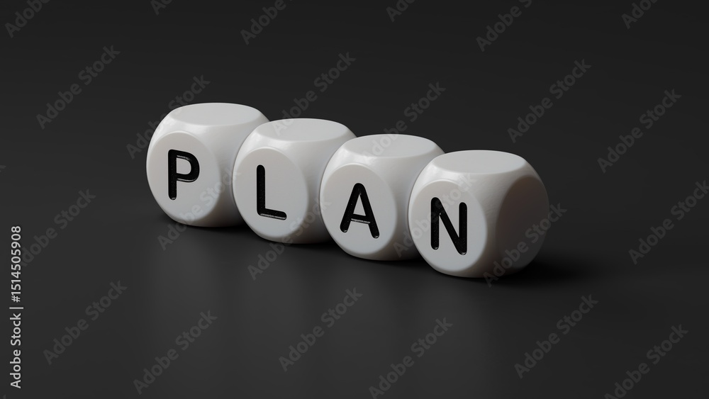 Poster plan. wooden dice spelling.flat lay view from above on wooden dice buttons.it technology concept.3d 