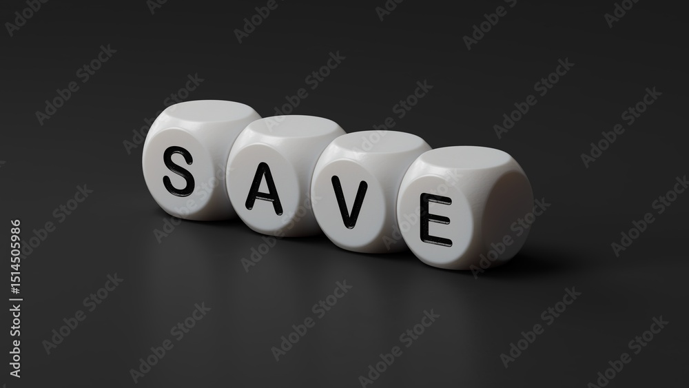 Poster symbol for saving or spending money. dice form the word 