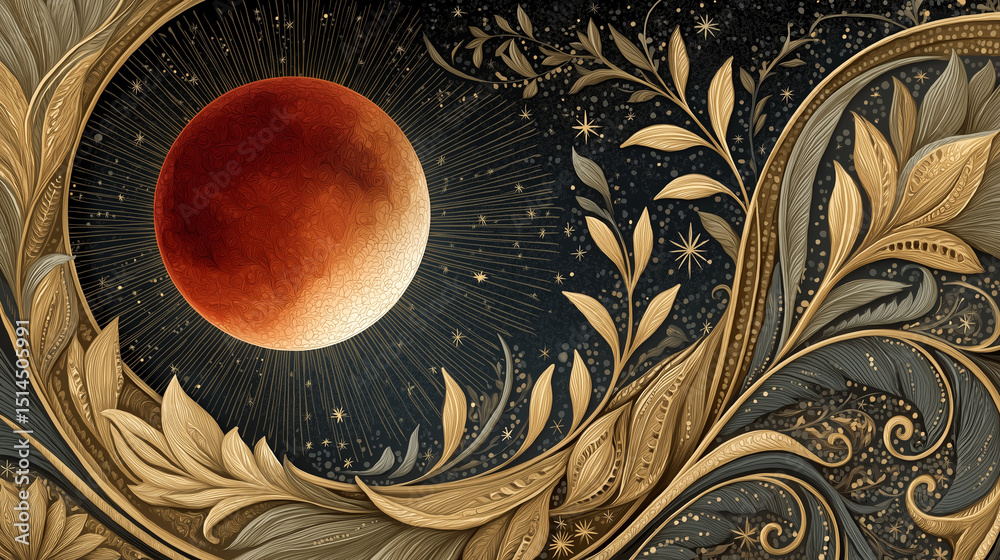 Wall mural lunar eclipse art: a majestic depiction of a lunar eclipse set against a cosmic expanse adorned with