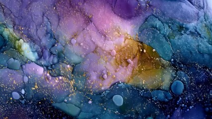 Dreamy colorful abstract fluid art backdrop with flowing ink in teal, gold, purple, and pink with sparkling golden glitter accents - Powered by Adobe