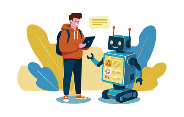 Vibrant Flat Illustration Student Interacting with Friendly Robot, AI Chatbot, Future Technology Concept