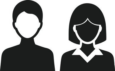 Simple black silhouette designs of male and female user profile avatar icons