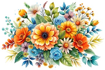 Watercolor floral bouquet with orange, yellow, blue, and white flowers isolated on white background, a botanical and decorative arrangement