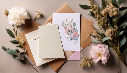 Flat lay of elegant invitation cards and envelopes with soft botanical floral accents on a neutral background