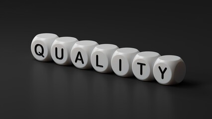 Word QUALITY on wooden dice. Evaluation of good or services business concept.3D rendering on black background.