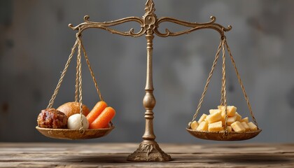 surreal balance scale holding junk food on one side