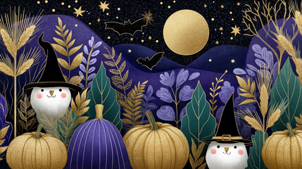 Obraz premium Enchanted Halloween Night Scene: A whimsical, digitally crafted scene of Halloween featuring adorable owl characters, pumpkins, and an evocative full moon and bats under the night sky. 