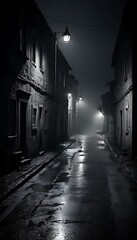 Night Street Scene with Lamppost and Dark Buildings