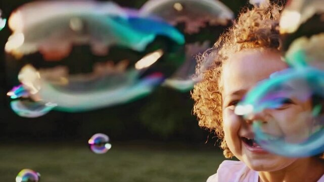 Happy kid is play in park. Baby play with soap bubbles. Kid smile and run through forest park. Smile of happy child. Baby smile and bursts soap bubbles. Child play. Baby run forest park for soap bubbl