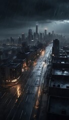 Cityscape in Rain Aerial View of City Skyline