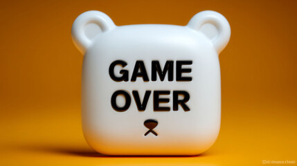 A white bear with black eyes and a black mouth that says Game Over. The bear is sitting on a yellow background