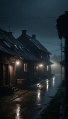 Street with Houses on a Rainy Night