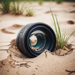 Camera Lens in Dry Cracked Ground