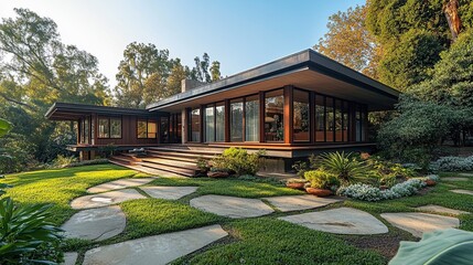Exterior view of modern house with stone pathway and lush greenery on a sunny day in california
