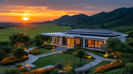Sunset Serenity: A luxurious house sits amidst a breathtaking landscape, embraced by the golden hues of sunset. Lush greenery and majestic mountains create an idyllic scene of tranquility and escape.