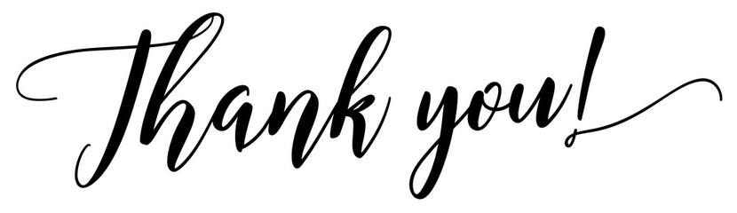 Thank you calligraphy text. Elegant black handwritten script spelling "thank you" on a transparent background