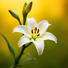 Fototapeta premium White Lily Flower at Sunrise – High-Quality Close-Up with Buds and Soft Golden Background