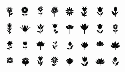 A Collection of Various Flower Silhouette Icons Isolated on White Background for Design.