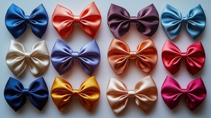 Colorful satin bows arranged neatly in rows, showcasing various shades and sizes for crafts and decorations