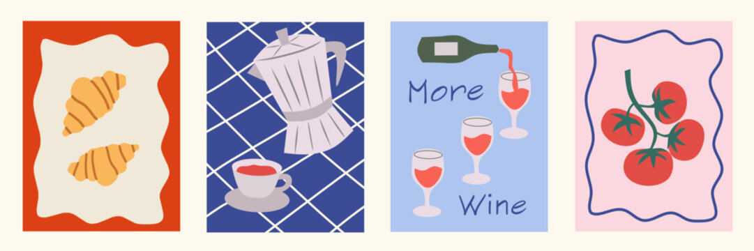 Abstract summer posters in minimalist style. Italian wall art decor, trendy banners with croissant, coffee, wine, tomato in cartoon style. Mediterranean decor, wallpaper, walls, print and postcards. - Powered by Adobe