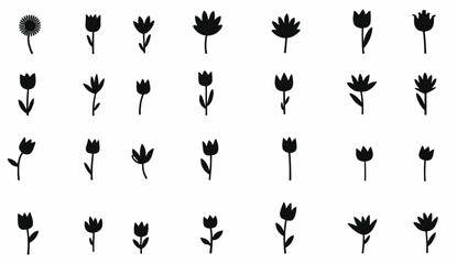 Minimalist Floral Pattern with Black Flower Silhouettes on a Clean White Background