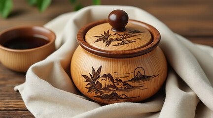Elegant Wooden Tea Canister with Scenic Mountain Landscape Design on Rustic Table