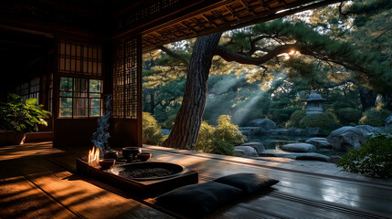 Fototapeta premium Serene Sanctuary: The tranquil interior of a traditional Japanese house frames a stunning view of a peaceful garden, bathed in the soft glow of sunlight. Evoking feelings of harmony.