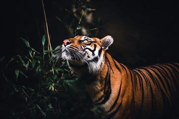Tiger looking up in the shadows