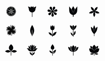 Simple Black Flower and Leaf Vector Silhouettes on White Background for Design Elements.