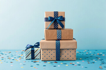 Stack of Presents with Blue Ribbons and Confetti on Blue Background