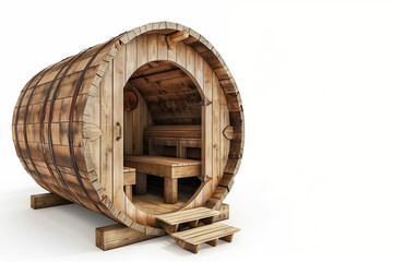 Sauna extérieur en forme de baril en bois massif avec bancs intérieurs visibles, structure rustique sur fond blanc, espace négatif copyspace