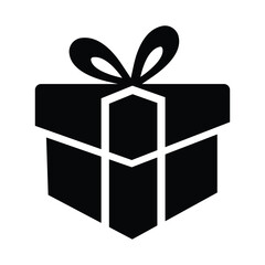Black and white icon of a gift box with a ribbon bow on top, featuring vertical stripes on the lower half. Perfect for themes related to celebrations, holidays, birthdays, and gift-giving.
