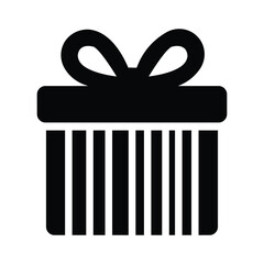 Black and white icon of a gift box with a ribbon bow on top, featuring vertical stripes on the lower half. Perfect for themes related to celebrations, holidays, birthdays, and gift-giving.