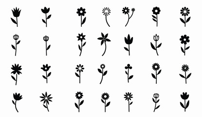 Black and White Floral Silhouette Collection: Diverse Flower and Blossom Icons for Design Projects.