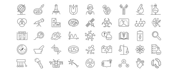 Science line icon set. Chemistry, biology, physics, astronomy, research, education vector elements included. Editable Stroke illustration.