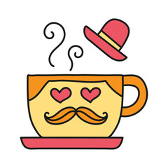 Fathers Day Bear concept. Cute cartoon coffee cup with hearts and a hat, giving a whimsical vibe. in color line style