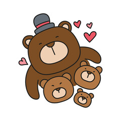 Fathers Day Bear concept. Cute cartoon bears with hearts and a hat bonding together. in color line style