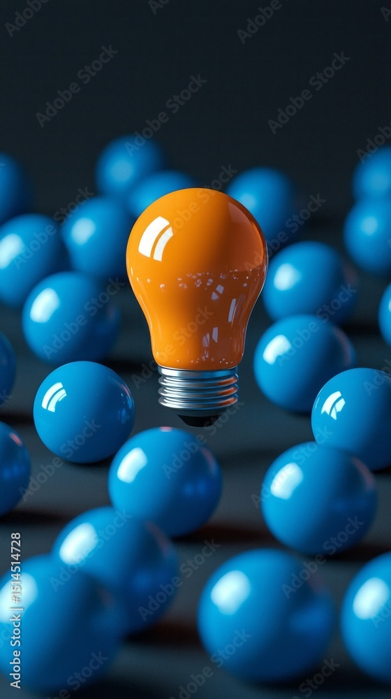 Poster a vivid orange light bulb is prominently displayed amidst a multitude of blue spheres. the vibrant c
