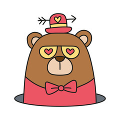 Fathers Day Bear concept. Cute cartoon bear wearing a hat and heart-shaped glasses. in color line style