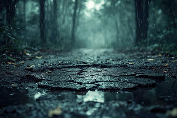 A rainy dark forest path with wet cracked pavement and falling rain