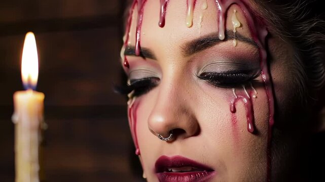 Spooky Possessed or Cursed Character Makeup: Melting Wax SFX, Dark Red Lips, Septum Ring, Eerie Candle Flame