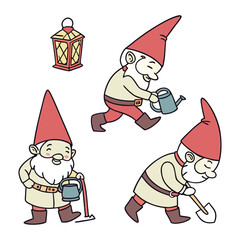 Cute gnomes with autumn leaves. Set of elements. Vector illustration
