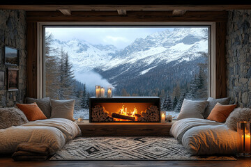 Warm Candlelight and Snowfall in a Cozy Alpine Cabin