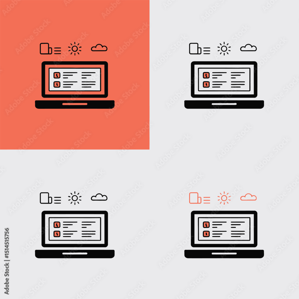 Poster laptop displaying a checklist with sun and cloud icons, representing digital tasks and online produc